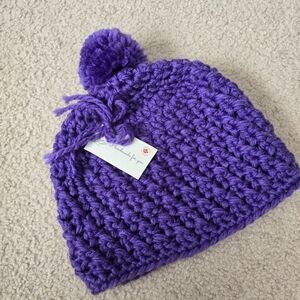 HANDMADE OOAK Pom-Pom Hat Toque Beanie Purple Crochet